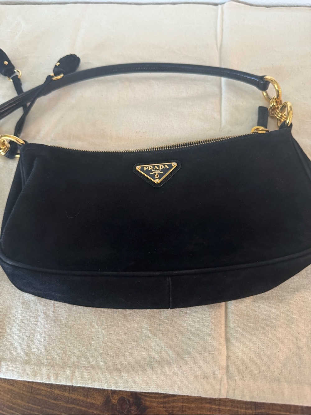 Authentic Prada Black Suede Shoulder Bag with Gold-hardware, pouchette